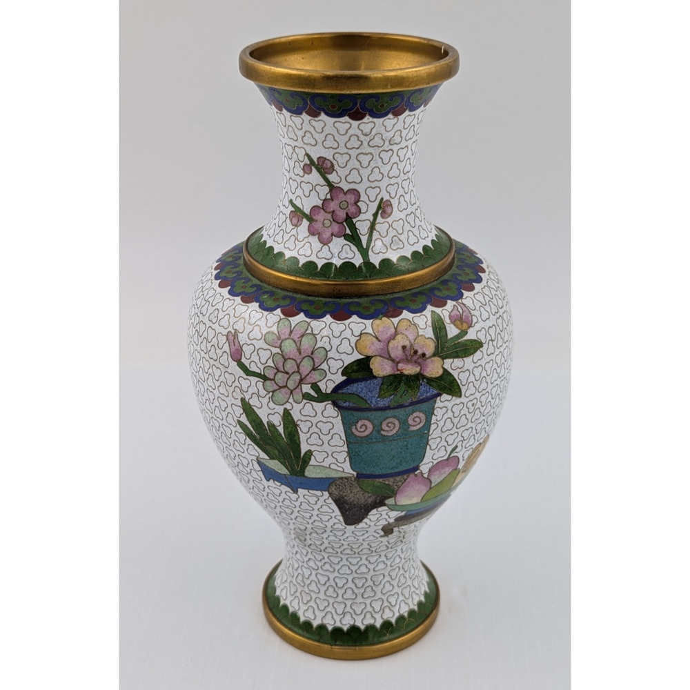 Vintage Cloisonne Flower Floral Enamel Brass Vase 9.5"